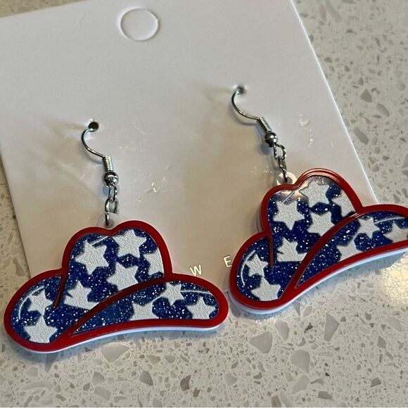 Cowboy hat western American flag 4th of July earrings - Picture 6 of 8